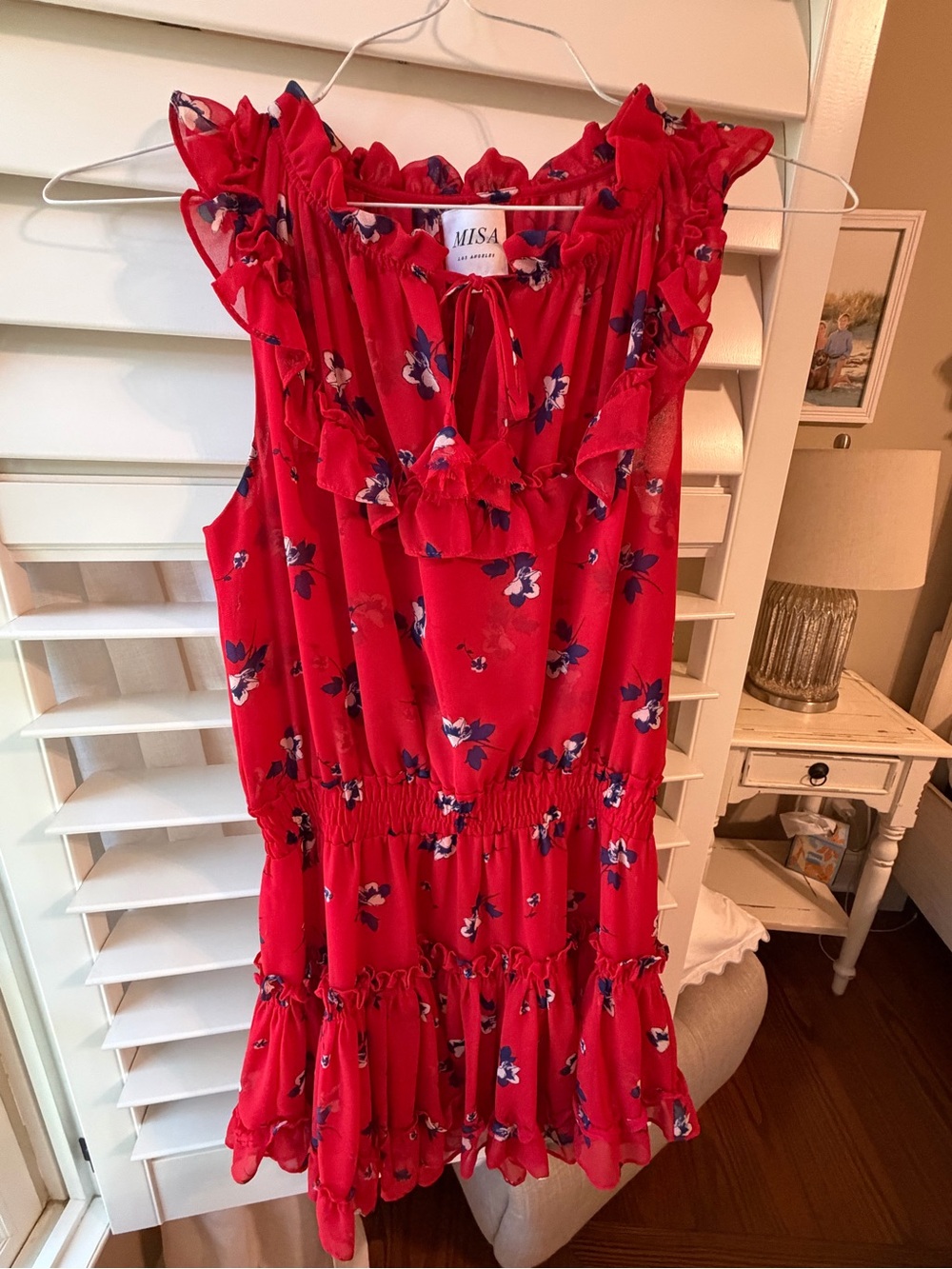 Misa Los Angeles Red Floral Ruffle Tiered Dress with Blue & White Accents
